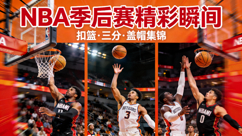 NBA季后赛精彩瞬间集锦视频封面，包含扣篮、三分、盖帽等混合画面