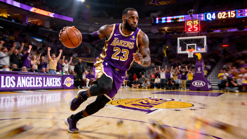 NBA篮球比赛现场，湖人队球员勒布朗·詹姆斯持球突破上篮的精彩瞬间