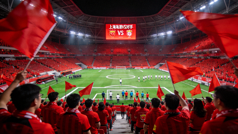 中超联赛上海海港队主场红色海洋般的球迷看台与赛场全景